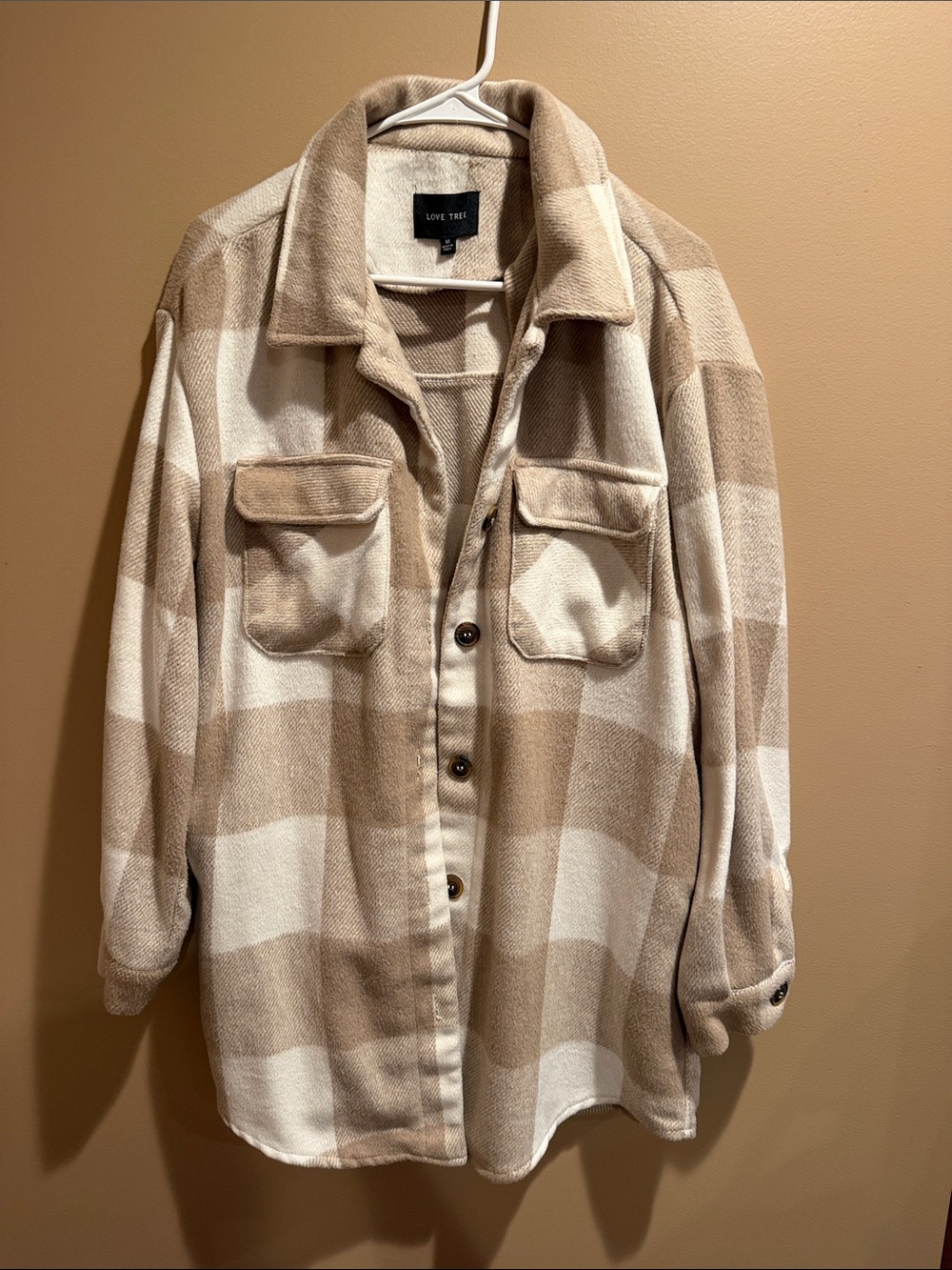 Love Tree Tan and Cream Plaid Utility Shacket